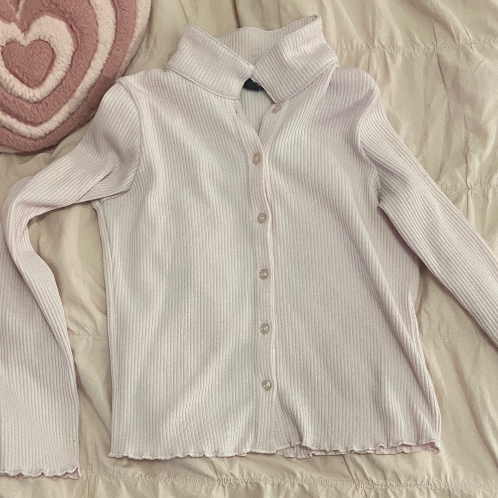 Elegant Ribbed Button-Down Shirt - Light Pink